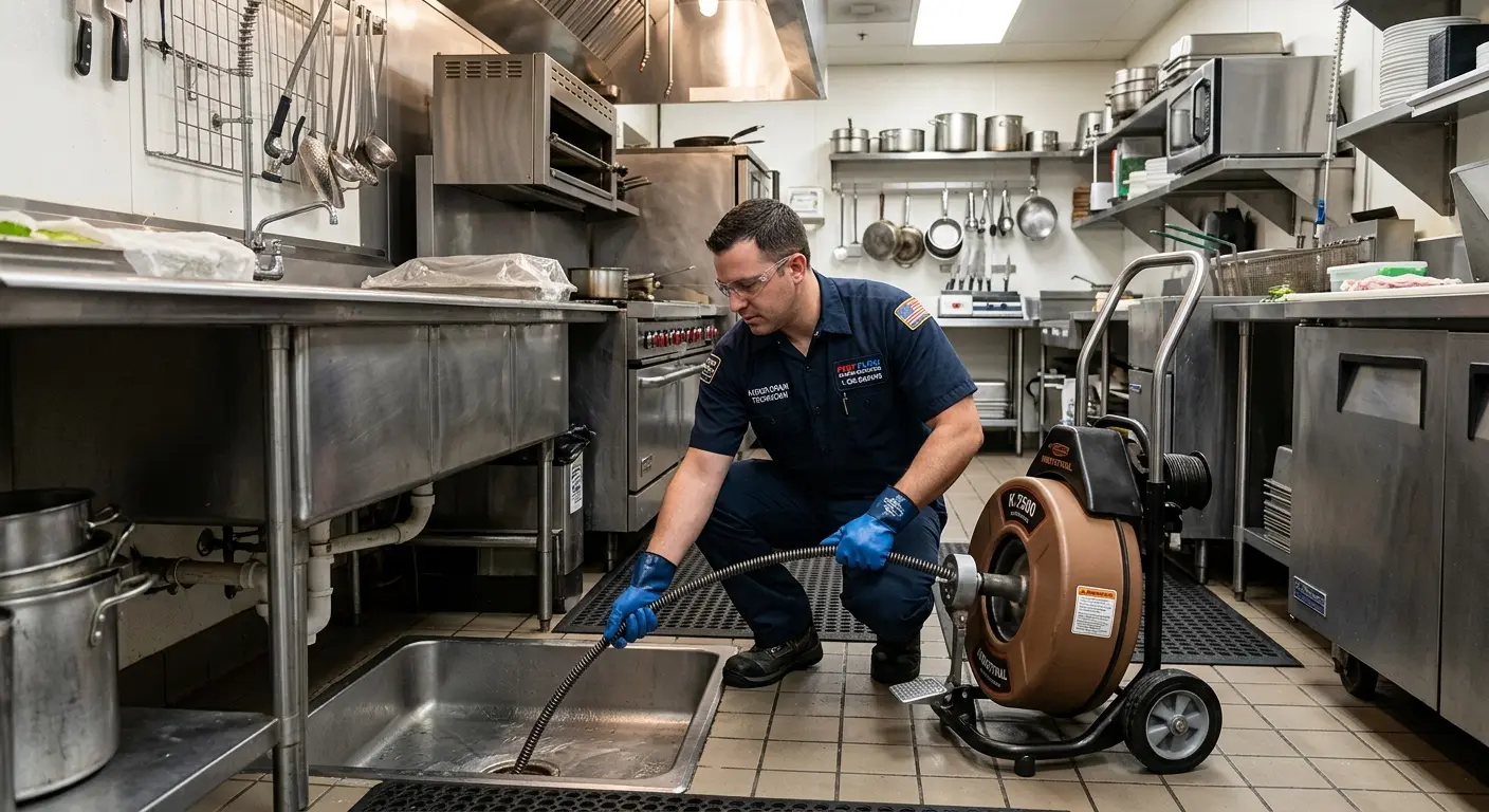 Commercial drain cleaning service in a restaurant kitchen in Camden